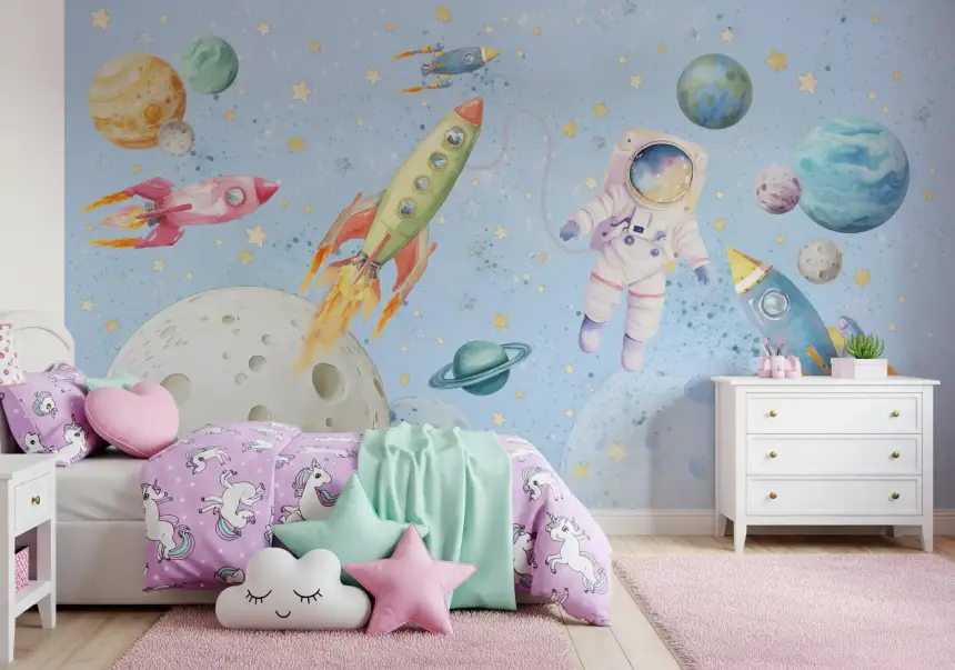 Watercolor Space Adventure Light Blue Wall Mural