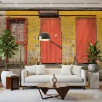 Rustic Yellow Facade with Red Doors Wall Mural