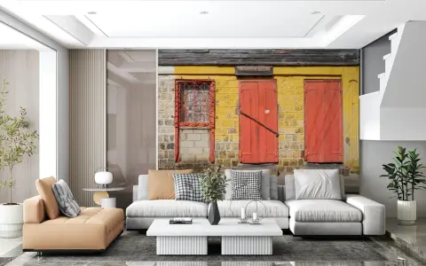 Rustic Yellow Facade with Red Doors Wall Mural