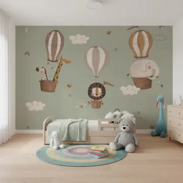 Gentle Safari Balloon Animals Woodland Green Wallpaper