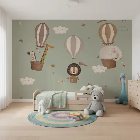 Gentle Safari Balloon Animals Woodland Green Wallpaper