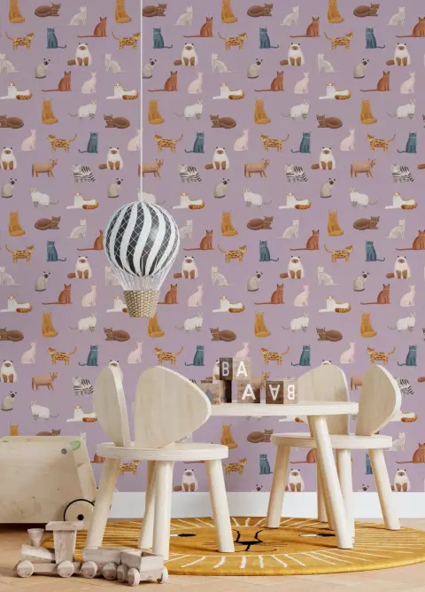 Playful Watercolor Feline Assortment Lavender Wallpaper