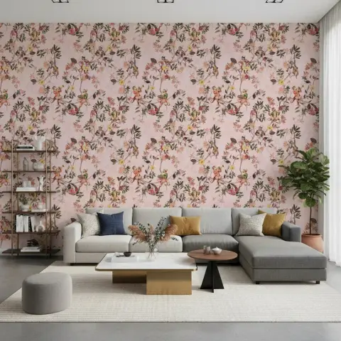 Pink Exotic Monkey Orchestra Botanical Wallpaper