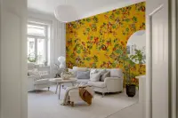 Whimsical Musical Monkeys Yellow Floral Wallpaper