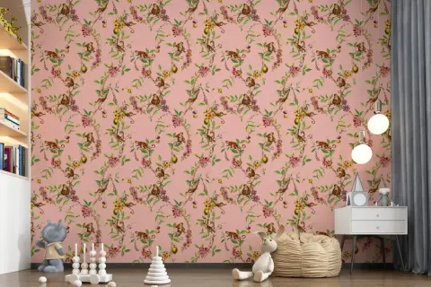 Whimsical Monkey & Tropical Vine Pink Wallpaper