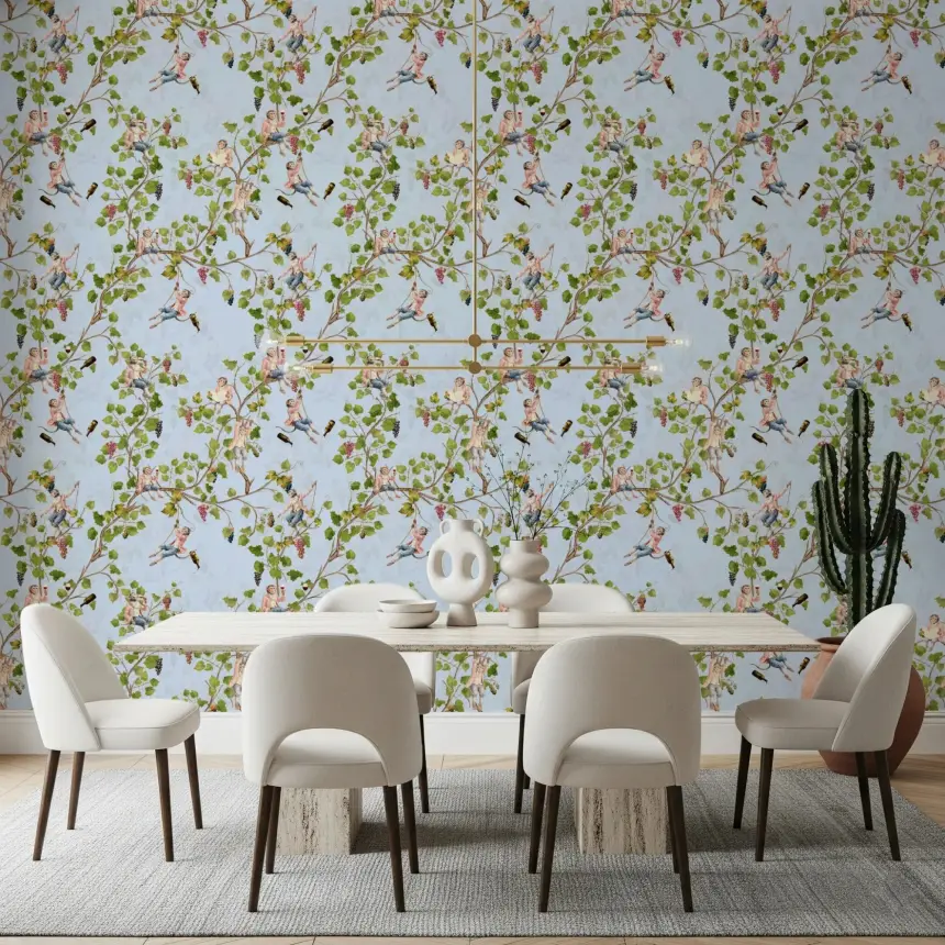 Whimsical Rococo Monkeys Wine Festival Aristocratic Vineyard Vintage Garden Blue Wallpaper