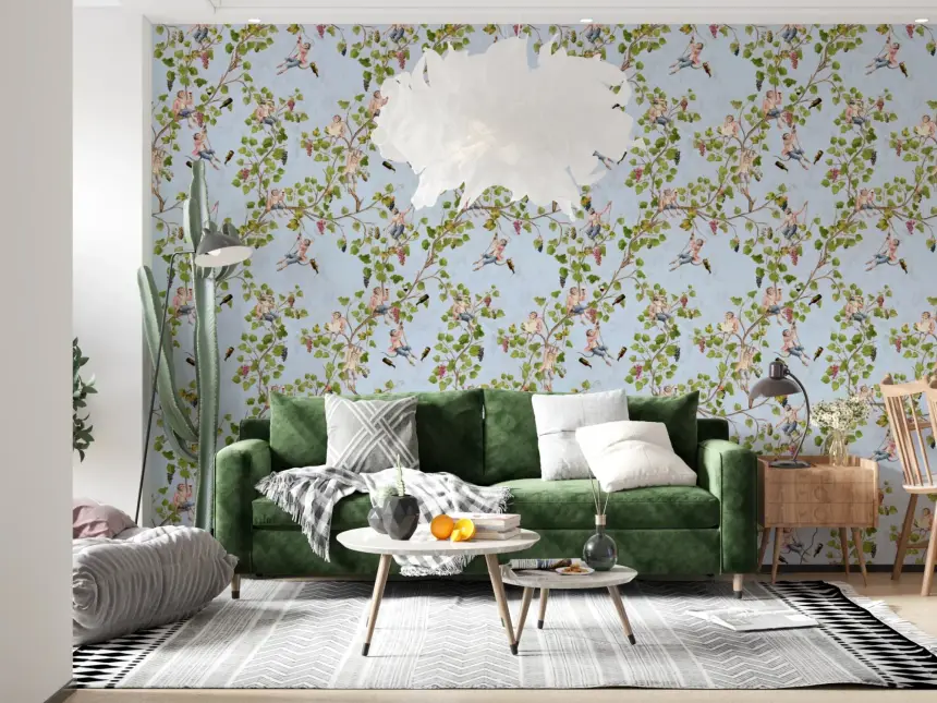Whimsical Rococo Monkeys Wine Festival Aristocratic Vineyard Vintage Garden Blue Wallpaper