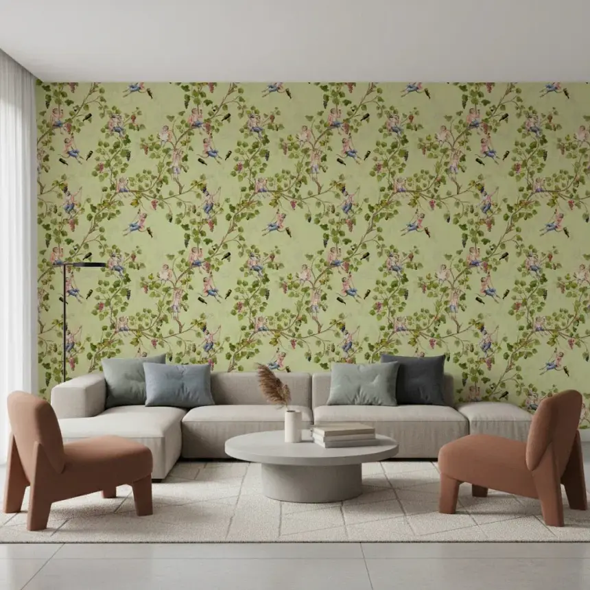 Whimsical Rococo Monkeys Wine Festival Aristocratic Vineyard Vintage Garden Green Wallpaper