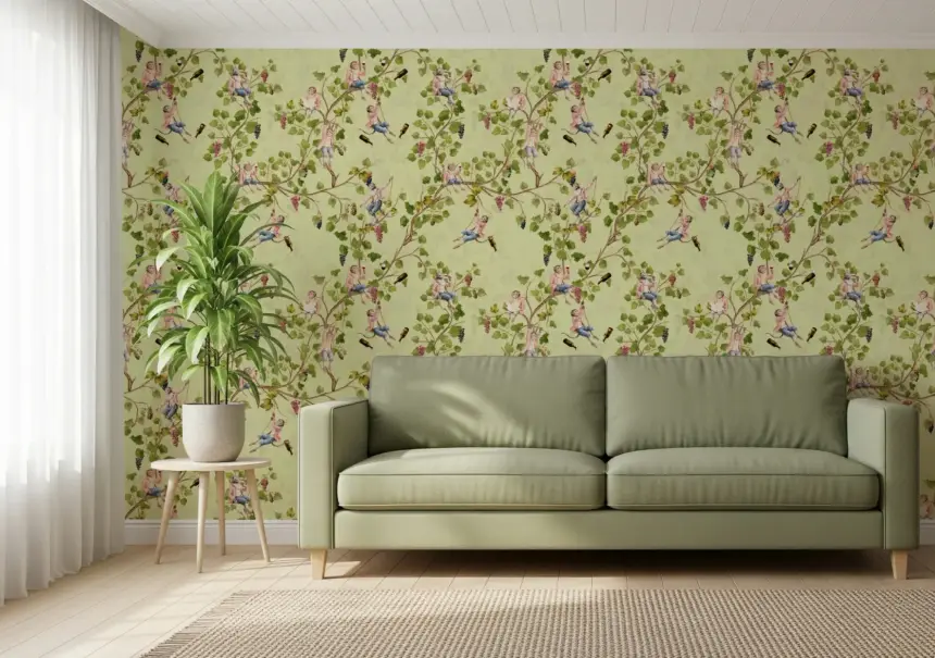 Whimsical Rococo Monkeys Wine Festival Aristocratic Vineyard Vintage Garden Green Wallpaper