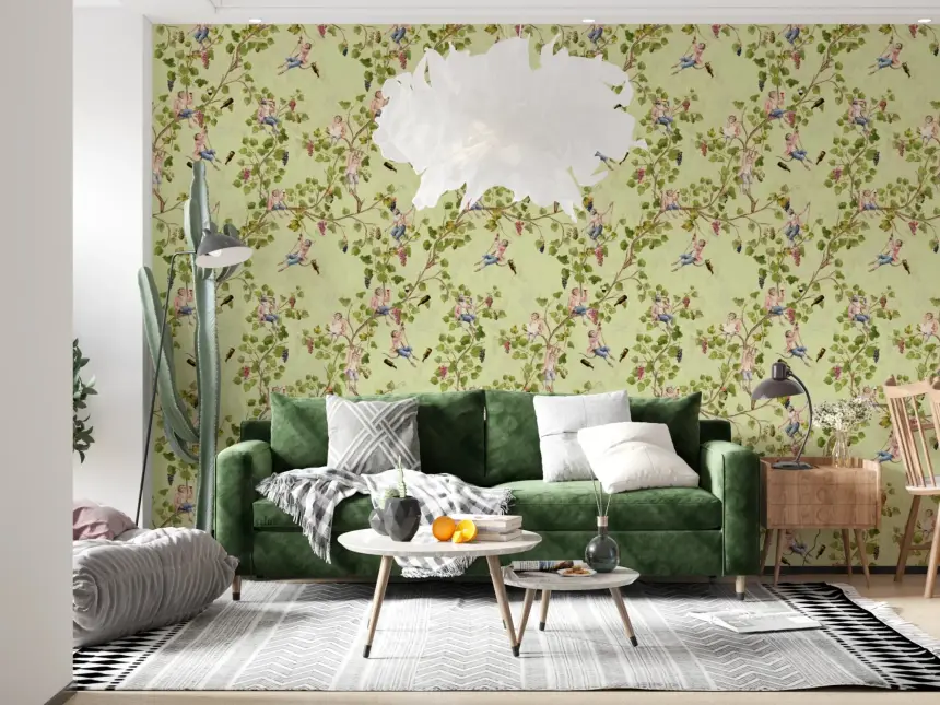 Whimsical Rococo Monkeys Wine Festival Aristocratic Vineyard Vintage Garden Green Wallpaper