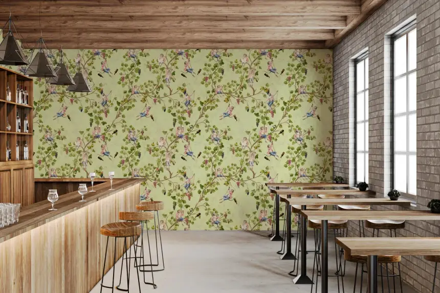 Whimsical Rococo Monkeys Wine Festival Aristocratic Vineyard Vintage Garden Green Wallpaper