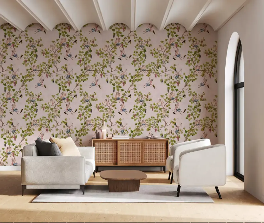 Whimsical Rococo Monkeys Wine Festival Aristocratic Vineyard Vintage Garden Pink Wallpaper