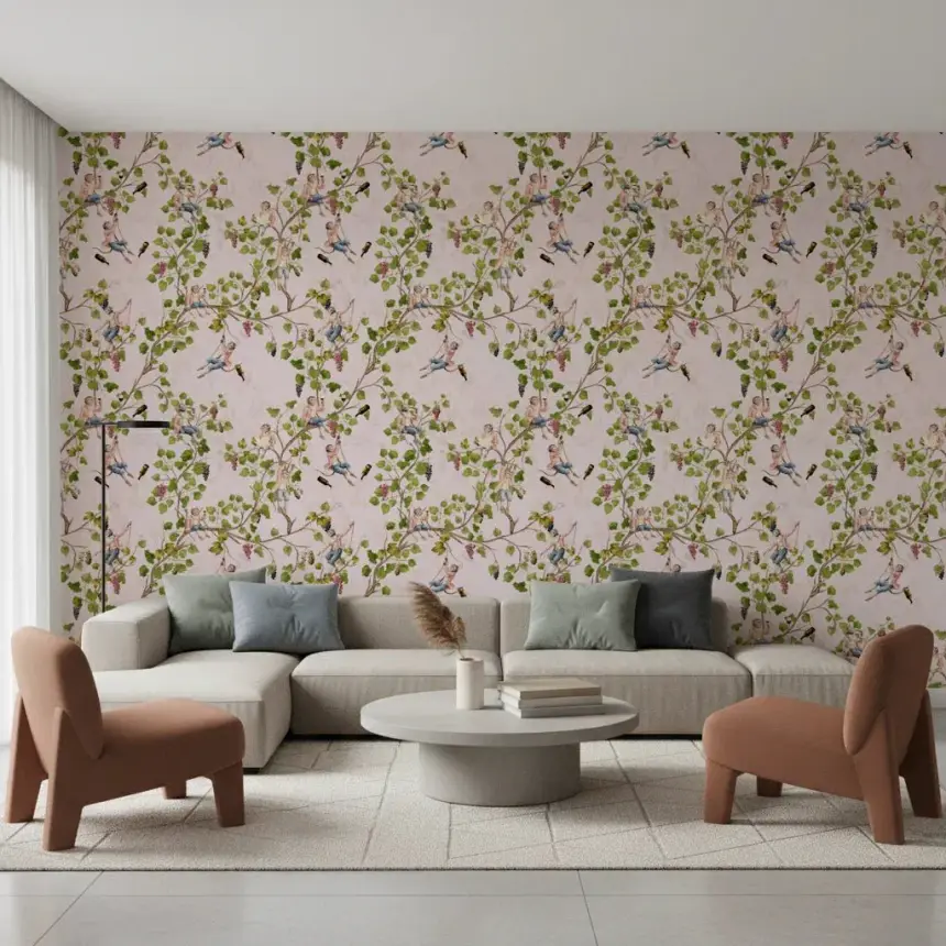 Whimsical Rococo Monkeys Wine Festival Aristocratic Vineyard Vintage Garden Pink Wallpaper