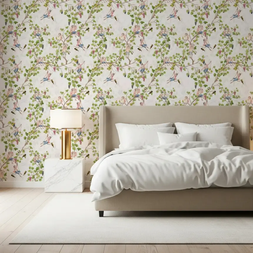 Whimsical Rococo Monkeys Wine Festival Aristocratic Vineyard Vintage Garden White Wallpaper