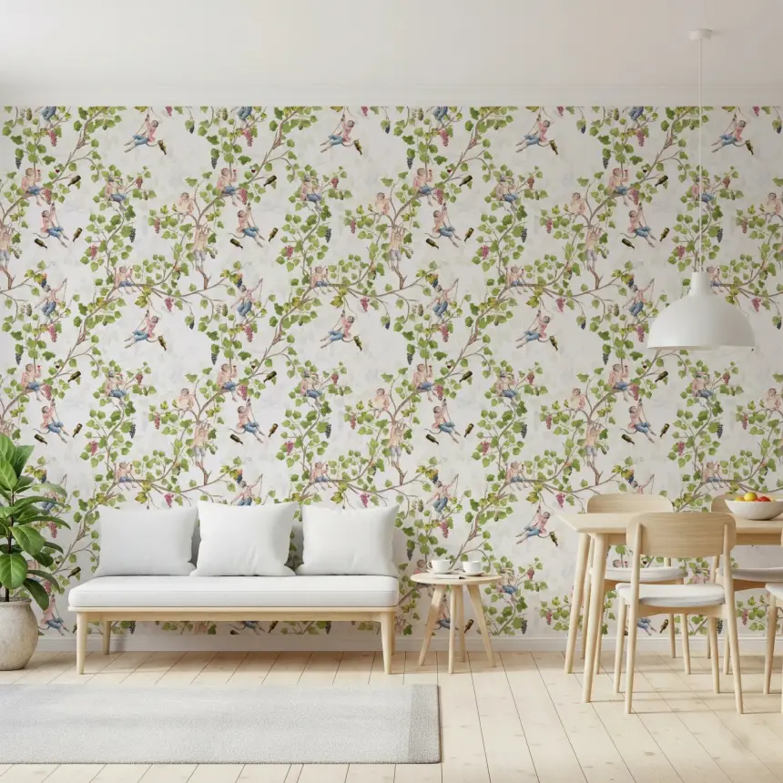 Whimsical Rococo Monkeys Wine Festival Aristocratic Vineyard Vintage Garden White Wallpaper