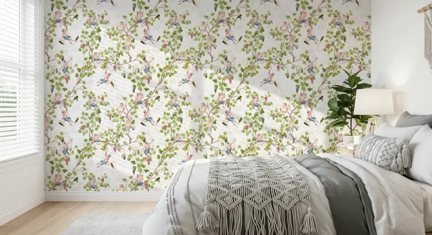 Whimsical Rococo Monkeys Wine Festival Aristocratic Vineyard Vintage Garden White Wallpaper