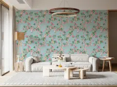 Vintage Chinoiserie Monkeys and Pink Blossoms Wallpaper