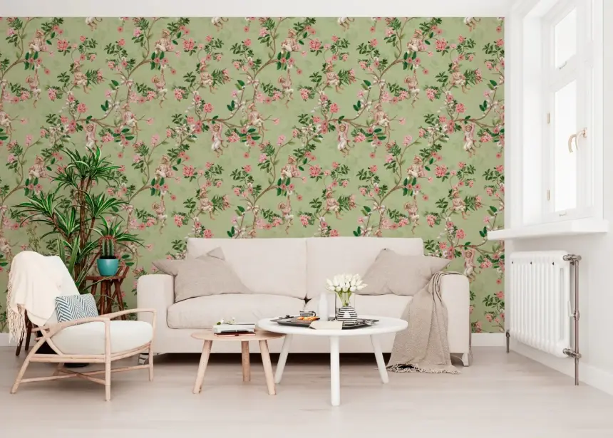 Whimsical Rococo Monkeys Wine Festival Vintage Aristocratic Vineyard Garden Party Green Wallpaper