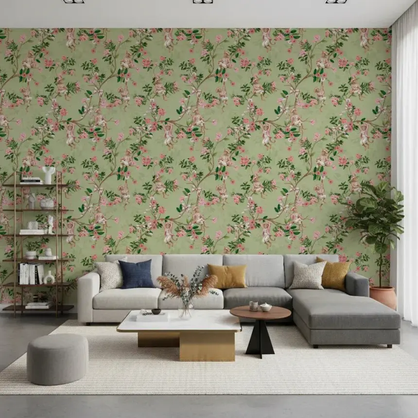 Whimsical Rococo Monkeys Wine Festival Vintage Aristocratic Vineyard Garden Party Green Wallpaper