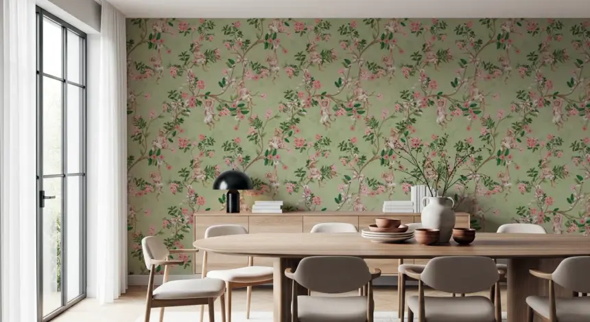 Whimsical Rococo Monkeys Wine Festival Vintage Aristocratic Vineyard Garden Party Green Wallpaper
