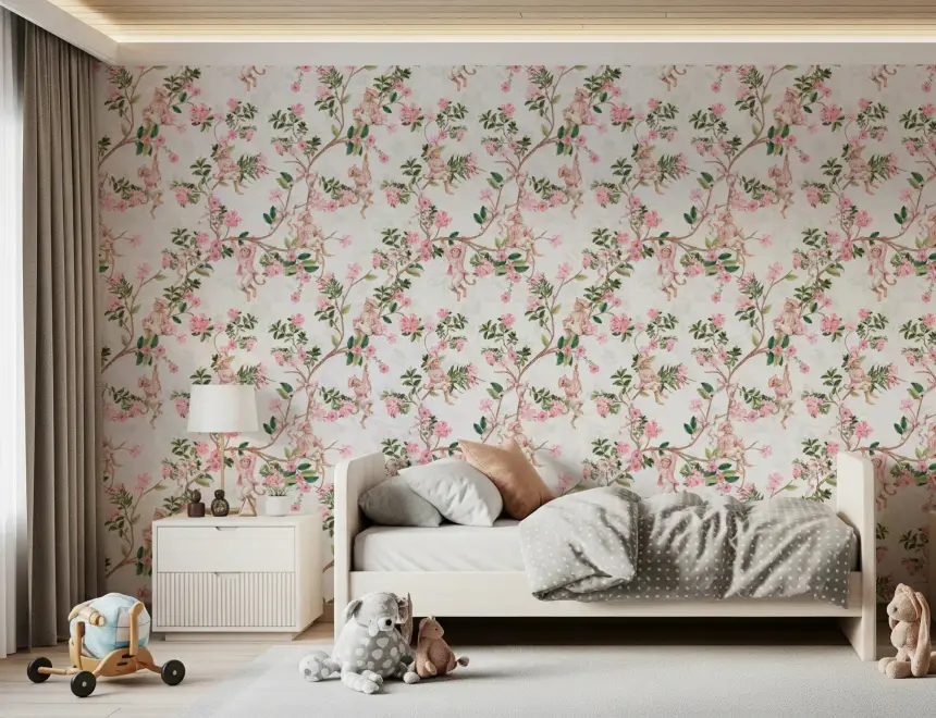 Whimsical Rococo Monkeys Wine Festival Vintage Aristocratic Vineyard Garden Party White Wallpaper