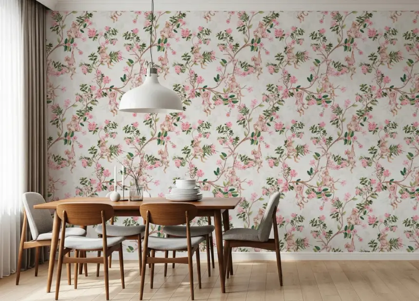 Whimsical Rococo Monkeys Wine Festival Vintage Aristocratic Vineyard Garden Party White Wallpaper