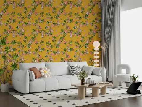 Whimsical Monkey Blossom Yellow Wallpaper