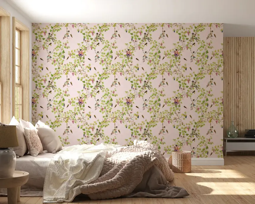 Whimsical Rococo Monkeys Wine Festival Vintage Aristocratic Vineyard Garden Pink Wallpaper