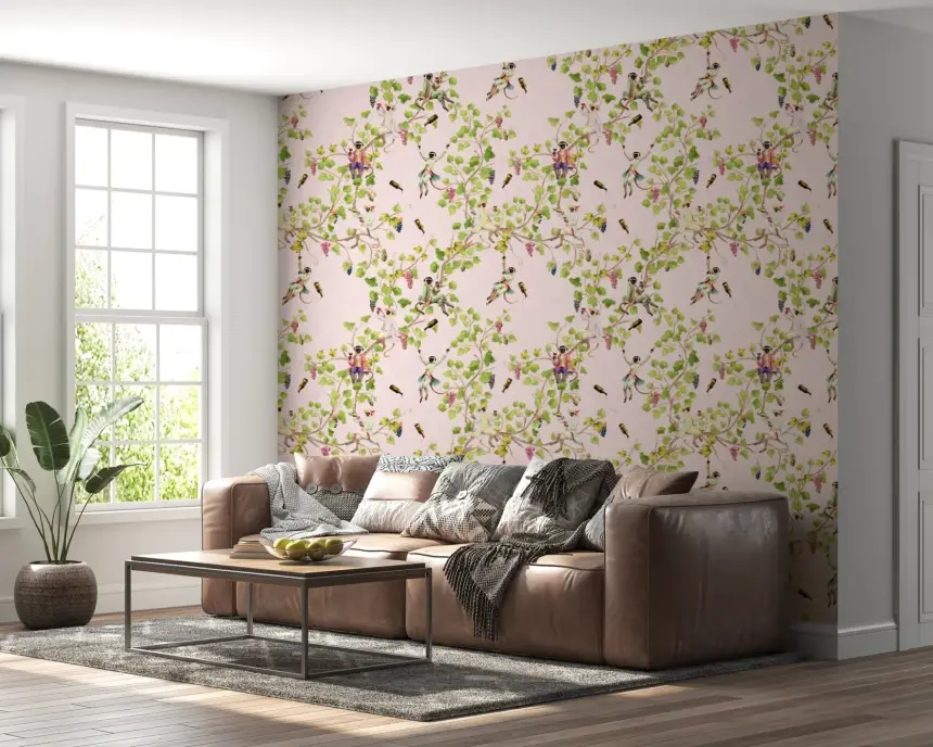 Whimsical Rococo Monkeys Wine Festival Vintage Aristocratic Vineyard Garden Pink Wallpaper
