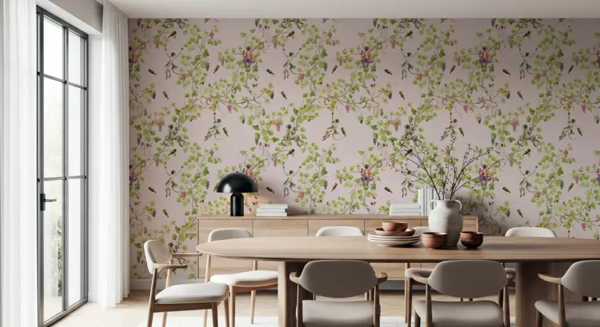 Whimsical Rococo Monkeys Wine Festival Vintage Aristocratic Vineyard Garden Pink Wallpaper
