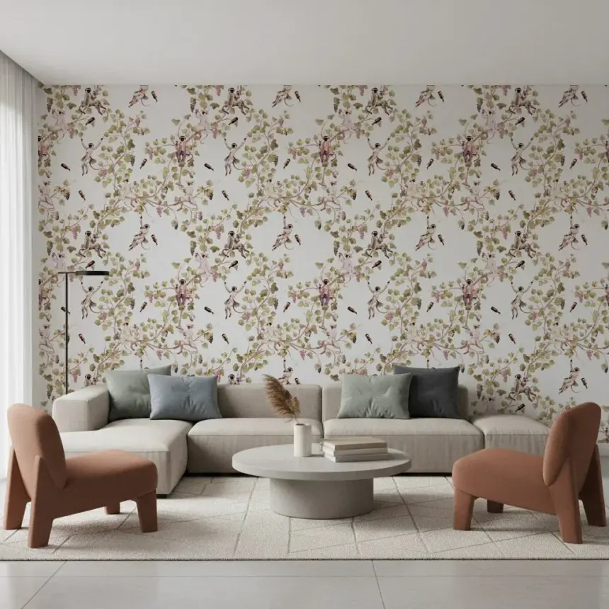 Whimsical Rococo Monkeys Wine Festival Vintage Aristocratic Vineyard Garden White Wallpaper