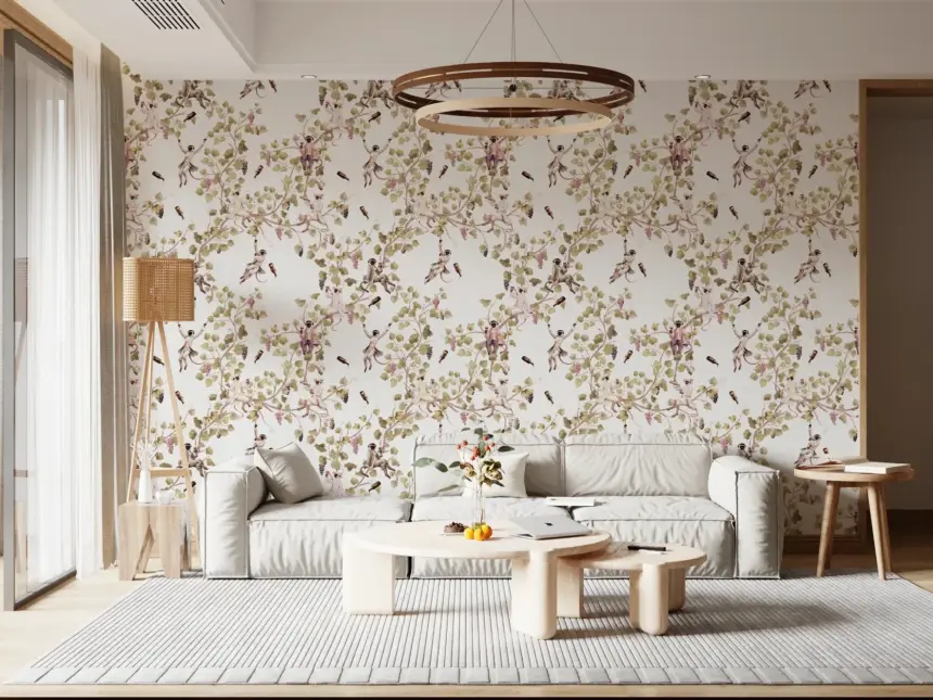 Whimsical Rococo Monkeys Wine Festival Vintage Aristocratic Vineyard Garden White Wallpaper