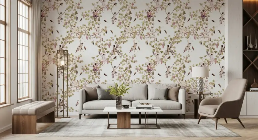 Whimsical Rococo Monkeys Wine Festival Vintage Aristocratic Vineyard Garden White Wallpaper