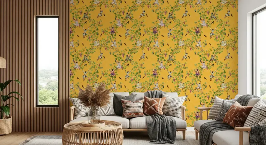 Whimsical Rococo Monkeys Wine Festival Vintage Aristocratic Vineyard Garden Yellow Wallpaper