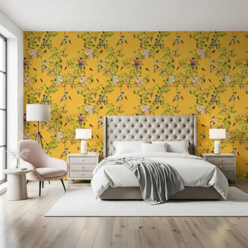 Whimsical Rococo Monkeys Wine Festival Vintage Aristocratic Vineyard Garden Yellow Wallpaper