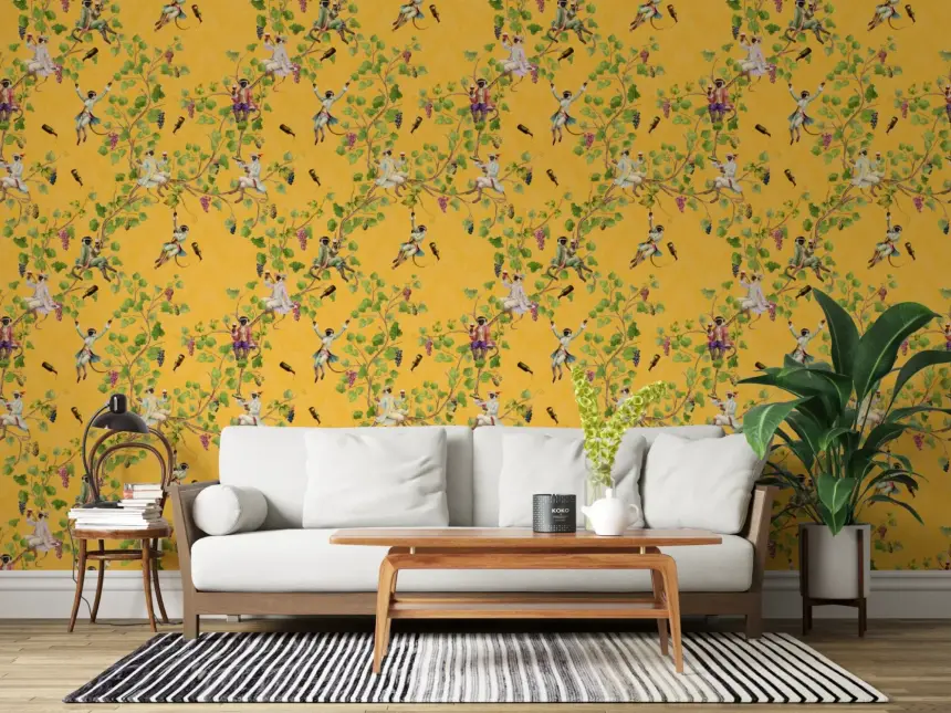 Whimsical Rococo Monkeys Wine Festival Vintage Aristocratic Vineyard Garden Yellow Wallpaper