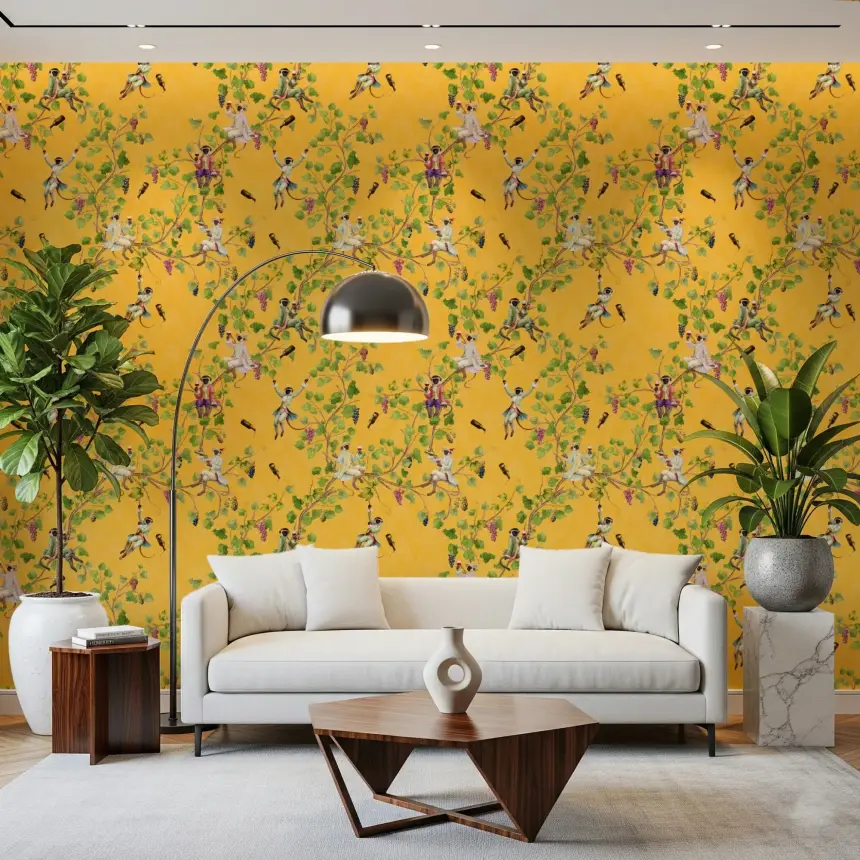 Whimsical Rococo Monkeys Wine Festival Vintage Aristocratic Vineyard Garden Yellow Wallpaper