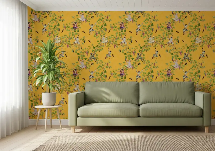 Whimsical Rococo Monkeys Wine Festival Vintage Aristocratic Vineyard Garden Yellow Wallpaper