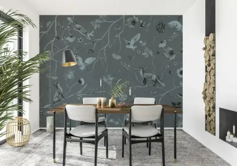 Sophisticated Woodland Animals Grey Botanical Wallpaper