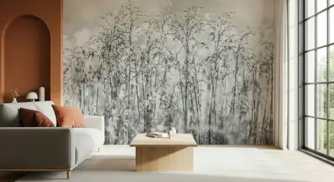 Monochrome Botanical Reeds Wall Mural