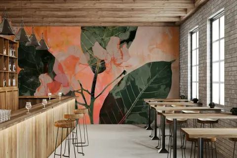 Abstract Peach & Green Botanical Layered Wall Mural
