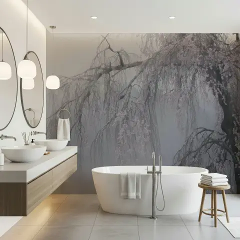 Misty Cherry Blossom Tree Wall Mural