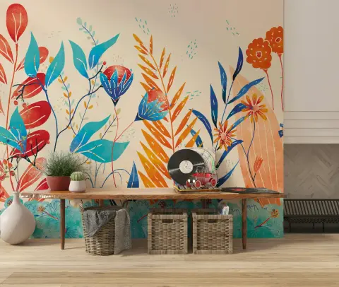 Vibrant Abstract Botanical Wall Mural with Bold Hues