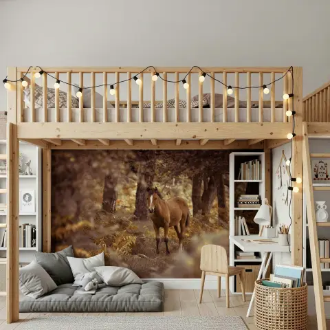 Wild Horse in Golden Autumn Forest Wall Mural