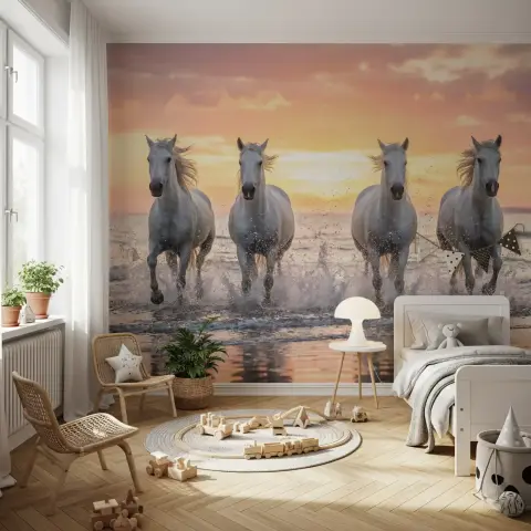 Sunset Gallop White Horses Wall Mural