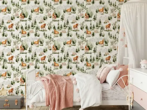 Watercolor Forest Horses Wallpaper