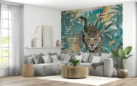 Stylish Jaguar with Glasses Tropical Wall Mural