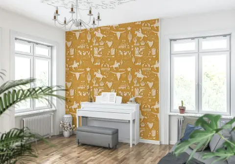 Mustard Western Cowboy Pattern Wallpaper