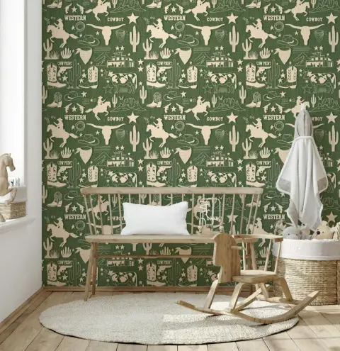 Wild West Cowboy Sketch Green Wallpaper