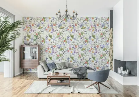 Watercolor Wild Berry and Floral Pattern Wallpaper